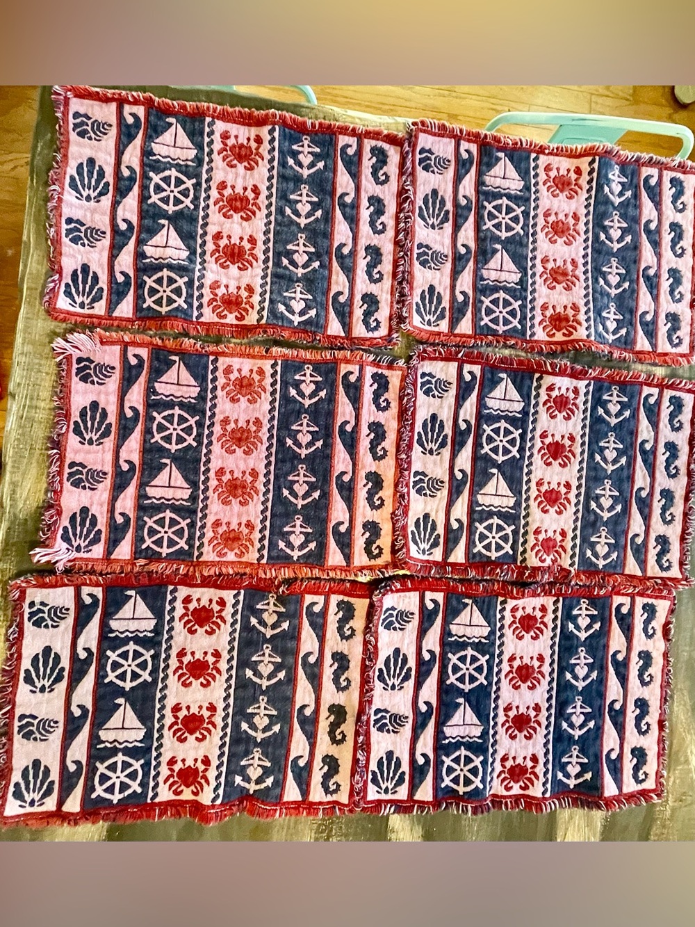 Set of 6 Woven Nautical Coastal Placemats – Red, Navy & Pink